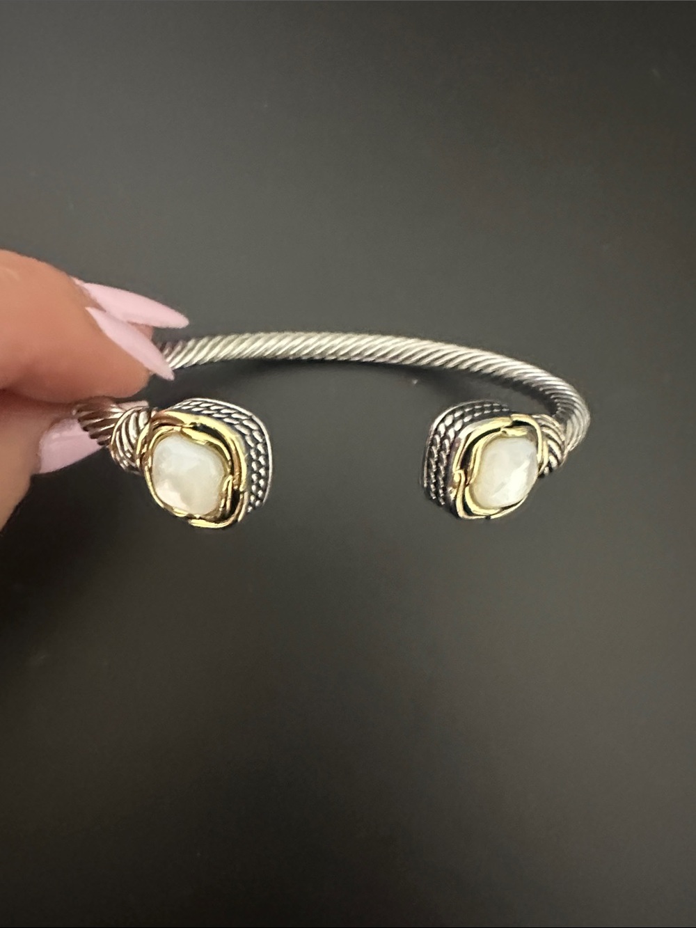 Silver-Tone Cuff Bracelet with Gold Accents and White Stone